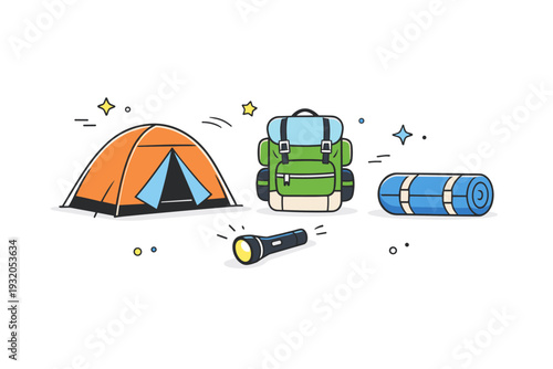 Camping essentials. A simple scene showing a tent, backpack, sleeping bag and flashlight placed with generous spacing. Readiness for adventure and organized