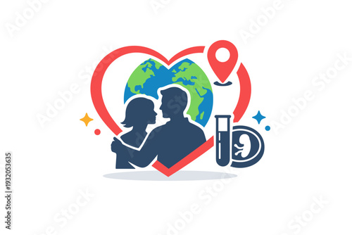Fertility treatment travel hopeful couple silhouette integrated with heart icon and global location marker, expressing emotional support and advanced