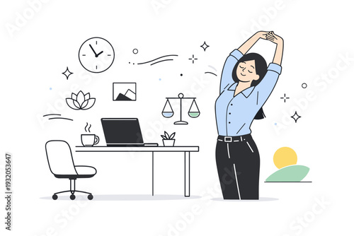 Recovering from burnout. A calm scene of a professional stepping away from the desk, stretching or breathing, showing awareness and early recovery. Light