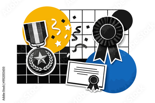 Black and white still life of reward symbols: medal, ribbon, certificate, confetti elements, retro photo cut-out style with white outlines, abstract geometric