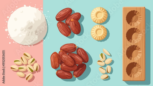 traditional maamoul ingredients including dates pistachios semolina dough and a wooden cookie mold for eid al-fitr desserts.