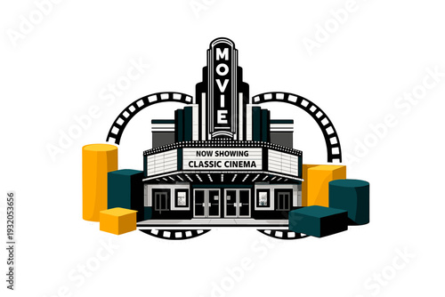 A black and white retro movie theater facade with marquee sign, surrounded by abstract cylinders and geometric blocks in mustard yellow and dark teal, film
