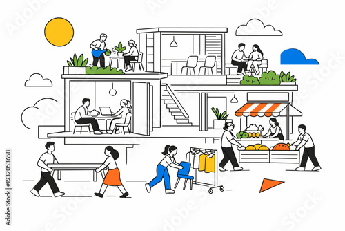 Creating multifunctional spaces in urban architecture. Modular buildings transform from coworking hubs to community markets, with people moving furniture and