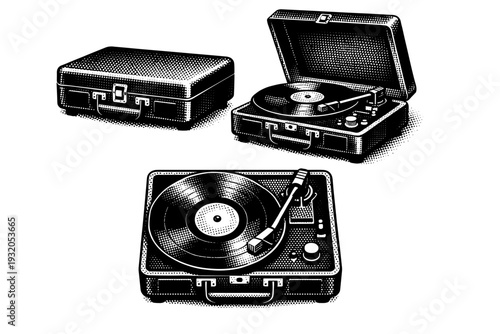 Turntable ? compact portable turntable with integrated lid and simplified mechanical layout. Black and white dot style with halftone texture and high contrast.