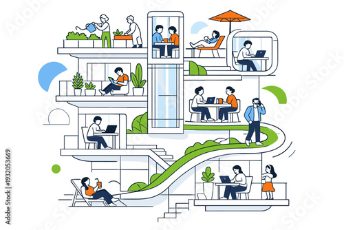 Vertical mixed-use ecosystems. Residential balconies, office pods, and rooftop gardens stack in harmony, with tiny figures gardening, working on laptops, and