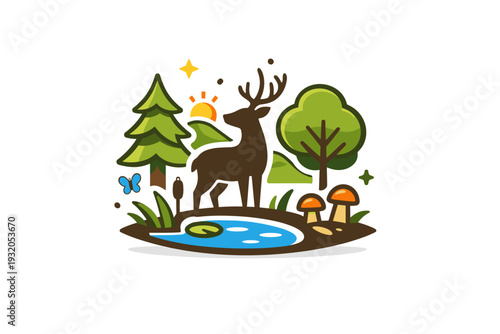Forest ecosystem highlighting wildlife presence with a deer silhouette integrated among trees and leaves, conveying respect for nature and protected natural