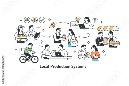 Local production systems overview. Calm editorial scene of people coordinating small-scale production, exchanging goods and information within a local network.
