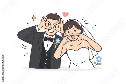 Playful newlyweds. A wedding couple making a silly gesture or expression together, relaxed and carefree. Calm festive mood with minimal floral and decorative