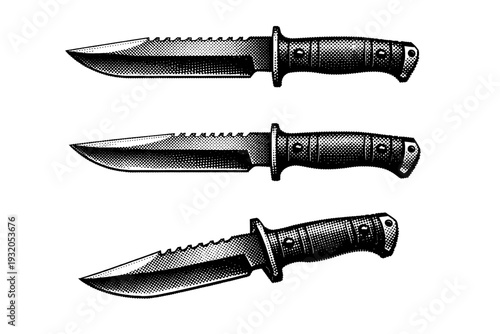 Survival knife shown in front view, side profile, and angled perspective, featuring a fixed blade with serrated spine, full tang handle, and