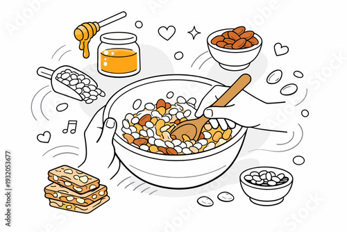 Baking granola bars. Hands mixing oats, nuts, and honey in a large bowl, ingredients floating lightly around. Warm, homemade energy with a sense of care and