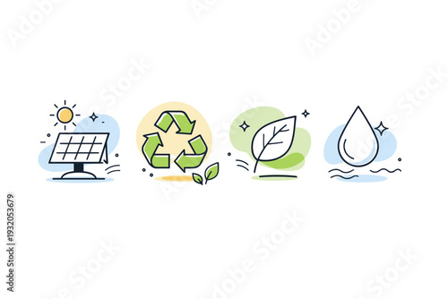 Sustainability icons. A tidy editorial scene with icons of renewable energy, recycling, leaf and water drop. Eco-friendly choices and responsible living, with