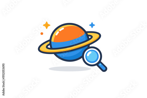 Planetary research visualized by a stylized planet with rings and a small magnifying glass icon, symbolizing scientific study observation and cosmic knowledge.