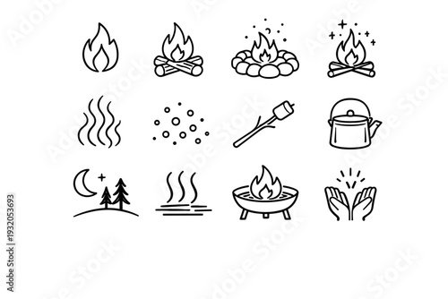 Campfire. Line icon set of Campfire: campfire flames, firewood logs, stone fire ring, sparks rising, smoke lines, glowing embers, marshmallow stick, camping