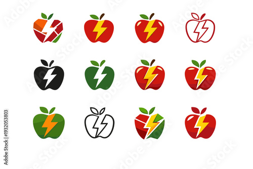 Food for fitness and athletic performance. Icon set. Set Logo of food for fitness and athletic performance: lightning bolt over apple. harmonious