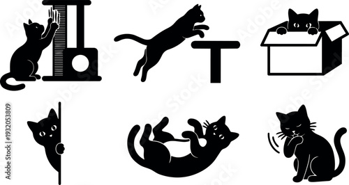 Flat design playful black cat silhouette set showing scratching jumping hiding peeking leaping rolling grooming in minimalist vector icons collection