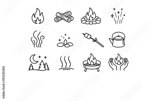 Campfire. Line icon set of Campfire: campfire flames, firewood logs, stone fire ring, sparks rising, smoke lines, glowing embers, marshmallow stick, camping