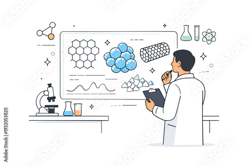 Nanomaterials research. A minimal scene with a scientist observing enlarged nano structures on a transparent screen. Focused analysis, discovery, and modern