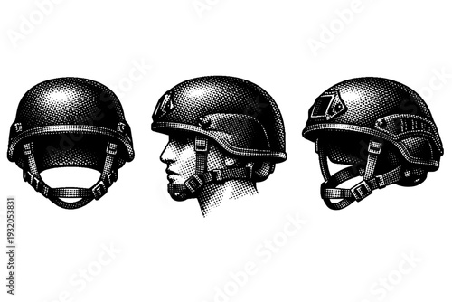 Combat helmet shown in front view, side profile, and three-quarter angled perspective, featuring realistic ballistic shape, chin strap system, and accurate