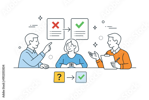 Corporate meeting ? decision making. Colleagues reviewing options with checkmarks, arrows, and simple cards, symbolizing evaluation and agreement.