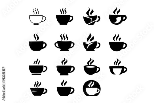 Hot beverages (tea, coffee, cocoa). Icon set. Set Logo of hot beverages (tea, coffee, cocoa): steaming cup. harmonious logo variations of the same emblematic
