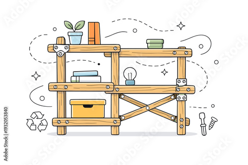 Creative joinery with visible screws. Upcycled shelving system with hand-finished joints and metal fasteners exposed as aesthetic elements, floating abstract