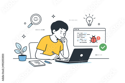 Debugging process. A calm editorial scene with a person reviewing code and fixing small issues, expressing problem solving and patience. Simple symbols,