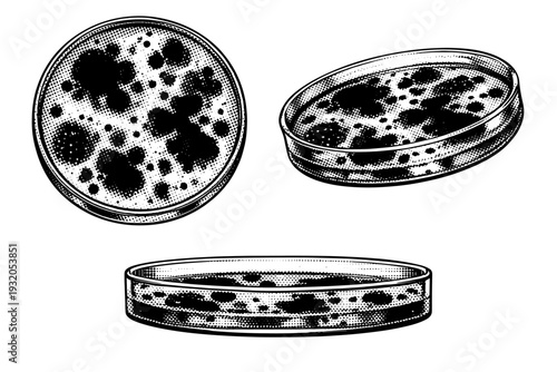 Contaminated petri dish ? laboratory petri dish shown from top view, slight angle view, and side profile displaying irregular bacterial colony growth patterns