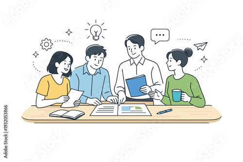 Business teamwork and collaboration. Colleagues standing together around a shared table, exchanging ideas and documents. Calm cooperation and