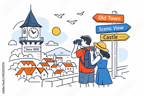 Historic landmarks and scenic viewpoints. A hilltop clock tower overlooking clustered rooftops, a couple taking photos while birds circle above. Direction