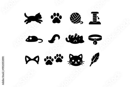 Playful Kitten. Solid icon set of Playful Kitten: kitten jumping, kitten paw, yarn ball, scratching post, toy mouse, kitten tail flick, playful pose, bell