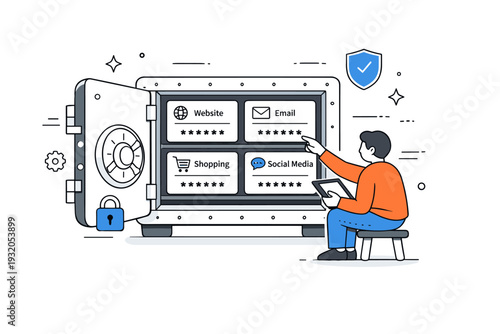 Password manager usage. A person reviewing neatly organized password cards inside a secure digital vault. Scene highlights order, convenience, and protected