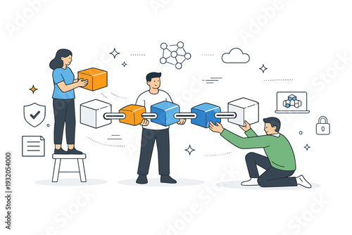 Blockchain technology concept. People connecting digital blocks into a chain, visualizing decentralization and secure data flow. Clean editorial scene focused