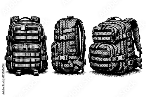 Military backpack displayed front view, side profile, and angled perspective, showing multiple compartments, straps, and realistic load-bearing proportions.