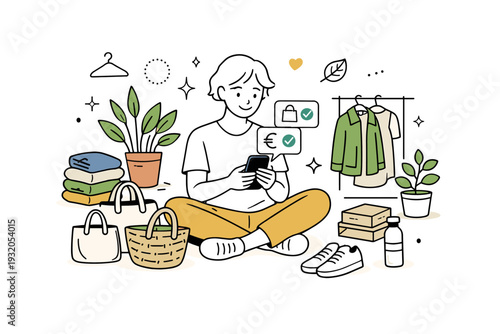 Vinted reseller sustainable lifestyle. A person checking sales notifications on a phone surrounded by clothes, plants, and reusable bags, expressing mindful