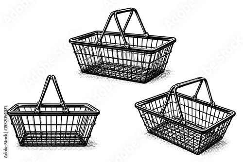 Shopping Basket ? classic wire basket. A traditional shopping basket with metal wire frame, folding handles, and open grid structure, shown as the same basket