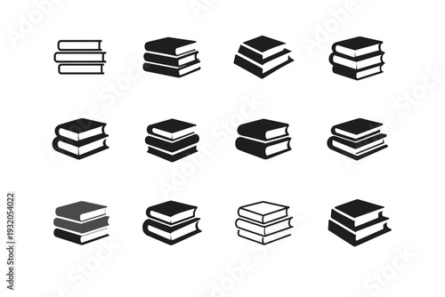 book. Icon set. Set Logo of book: stacked books. harmonious logo variations of the same emblematic concept, each with different artistic interpretation