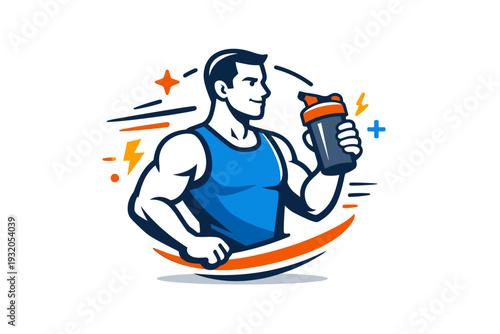 Post workout protein shake athlete holding a shaker bottle with dynamic motion lines and small lightning bolt accents, symbolizing energy recovery and muscle