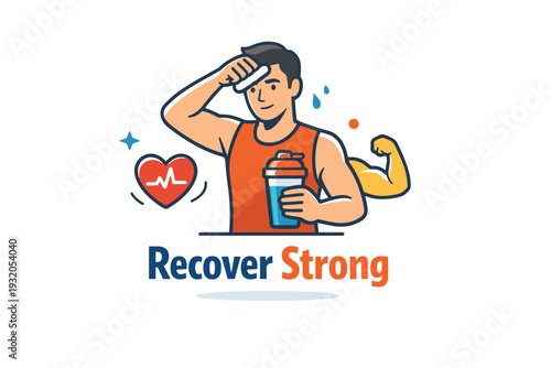Sports nutrition concept character wiping sweat with one hand and holding protein shake in the other, paired with subtle heart and muscle icons to express