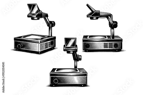 Overhead projector ? metal body office projector. A realistic office overhead projector presented as one object in three different views highlighting metal