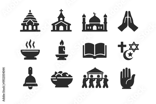 Religious Festivals. Solid icon set of Religious Festivals: temple, church, mosque, prayer hands, incense, candle, sacred book, holy symbol, ceremonial bell,