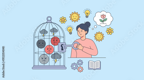 Woman Locking Negative Emotions and Bad Mood in a Birdcage for Positive Thinking, Mental Health Concept Illustration with Sunshine, Flowers, and Lightbulbs Representing Optimism and Growth