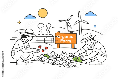 Sustainable agriculture without synthetic chemicals. Farmers gently tending rows of vegetables, releasing ladybugs over leafy greens while compost bins steam