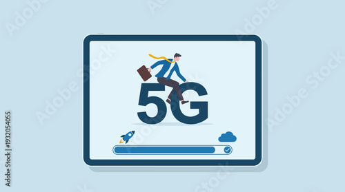 5G Wireless Network Technology Concept with Businessman Riding 5G Text on Tablet Screen, High Speed Internet Connection, Fast Data Loading Progress Bar, and Rocket Icon for Digital Innovation