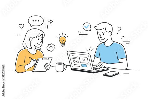 Usability testing session. A user interacting with a product while a designer observes notes and reactions. Friendly observation, iterative improvement,