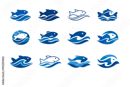 Sustainable fishing practices. Icon set. Set Logo of Sustainable fishing practices: ocean wave and fish. harmonious logo variations of the same emblematic