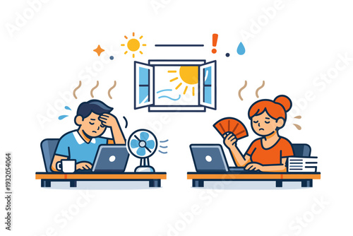 Office without air conditioning conveying summer discomfort as employees sit at desks with visible heat waves, desk fans, and open windows, forming a clear