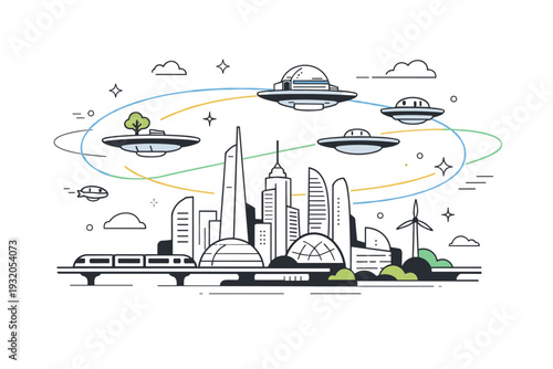 Vision of tomorrow. Abstract futuristic skyline with floating platforms and simplified transit lines in the air. Scene conveys imagination, optimism, and