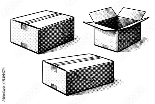 Product cardboard box ? kraft paper packaging box. A realistic kraft cardboard box represented as one object in three different views emphasizing natural paper