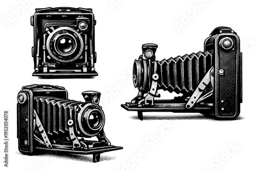 Film camera ? vintage folding bellows camera with extendable lens standard and articulated metal frame. Black and white dot style with halftone texture and