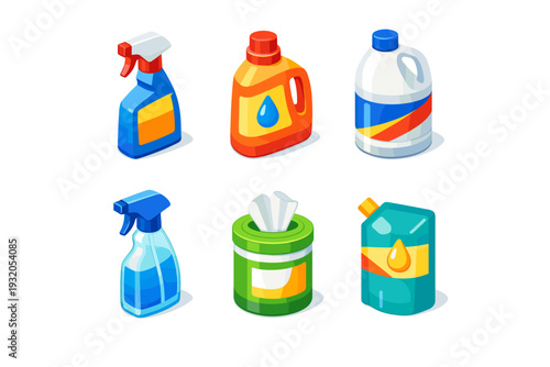 Cleaning supplies. Isometric flat vector icons set of Cleaning supplies: spray bottle, detergent bottle, bleach container, glass cleaner, disinfectant wipes,